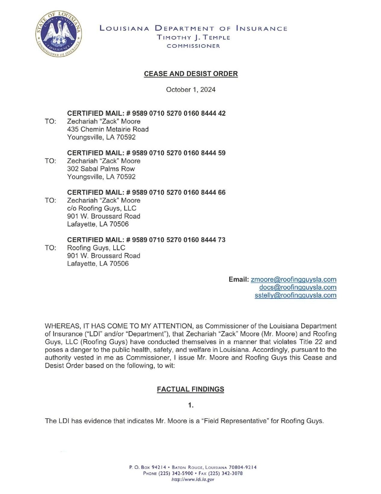 Zechariah Moore Roofing Guys cease and desist
